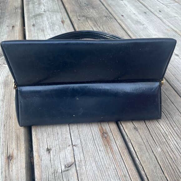 Vintage Navy Box Handbag Gold Hardware Top Handle 50s 60s Classic Chic - Picture 3 of 6